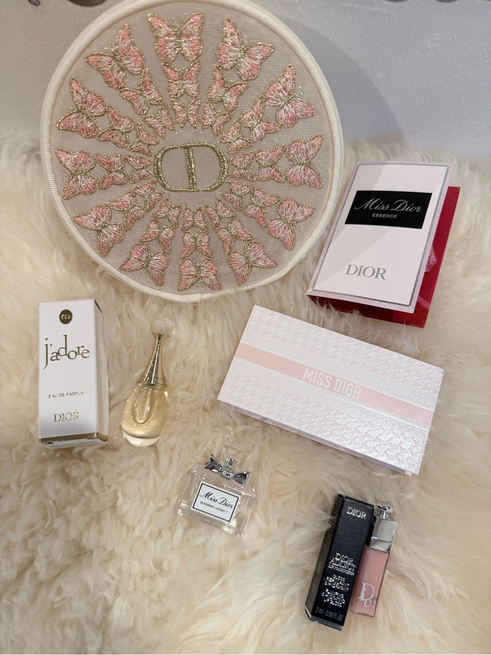 Dior Embroidered Round Cosmetic Pouch with samples